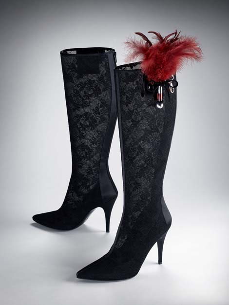 High heel bedroom boot in black lace features attachments for your sex toys