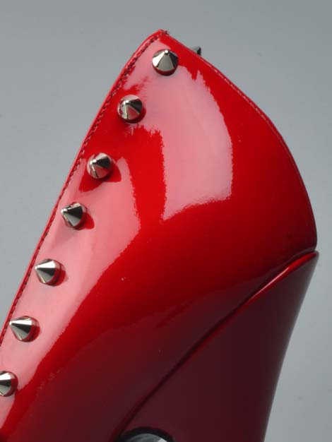 Shiny glossy patent red domina 15cm high heels with crown of studs