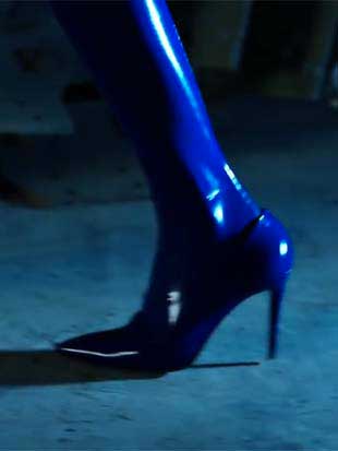 Shoes in cobalt blue patent leather, in a special production to match latex from Atsuko Kudo
