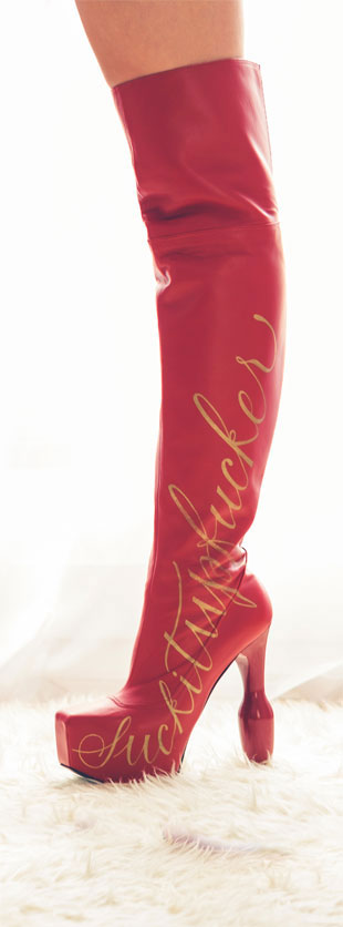 We can produce stunning unique designs like these calligraphic decorations for these thigh boots in red calfskin